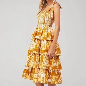 Cleobella Women’s Shae Smocked Tiered Yellow Print Midi Dress Size Large